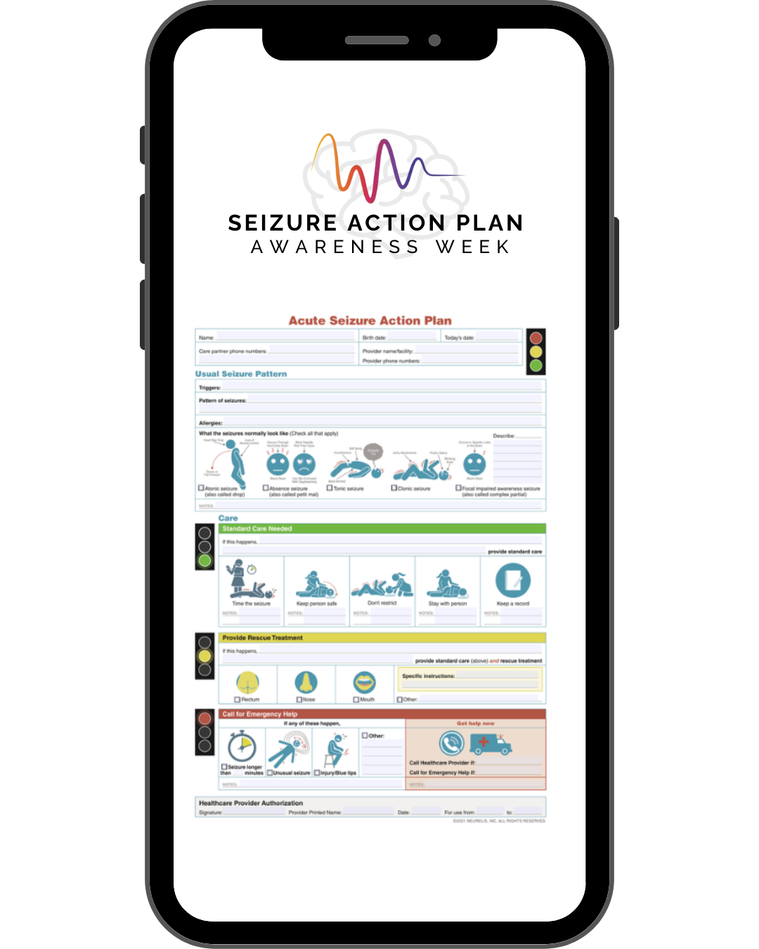 Mobile phone mockup displaying a Seizure Action Plan on the screen, illustrating how seizure response information can be accessed digitally.