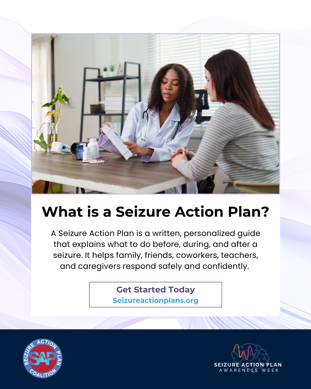 Two people reviewing paperwork with text explaining what a Seizure Action Plan is and how it helps guide care during a seizure.