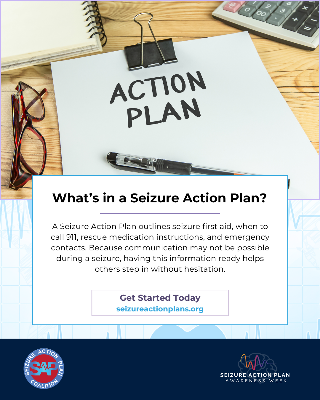 Illustration of medical and emergency icons with text outlining what information is included in a Seizure Action Plan.